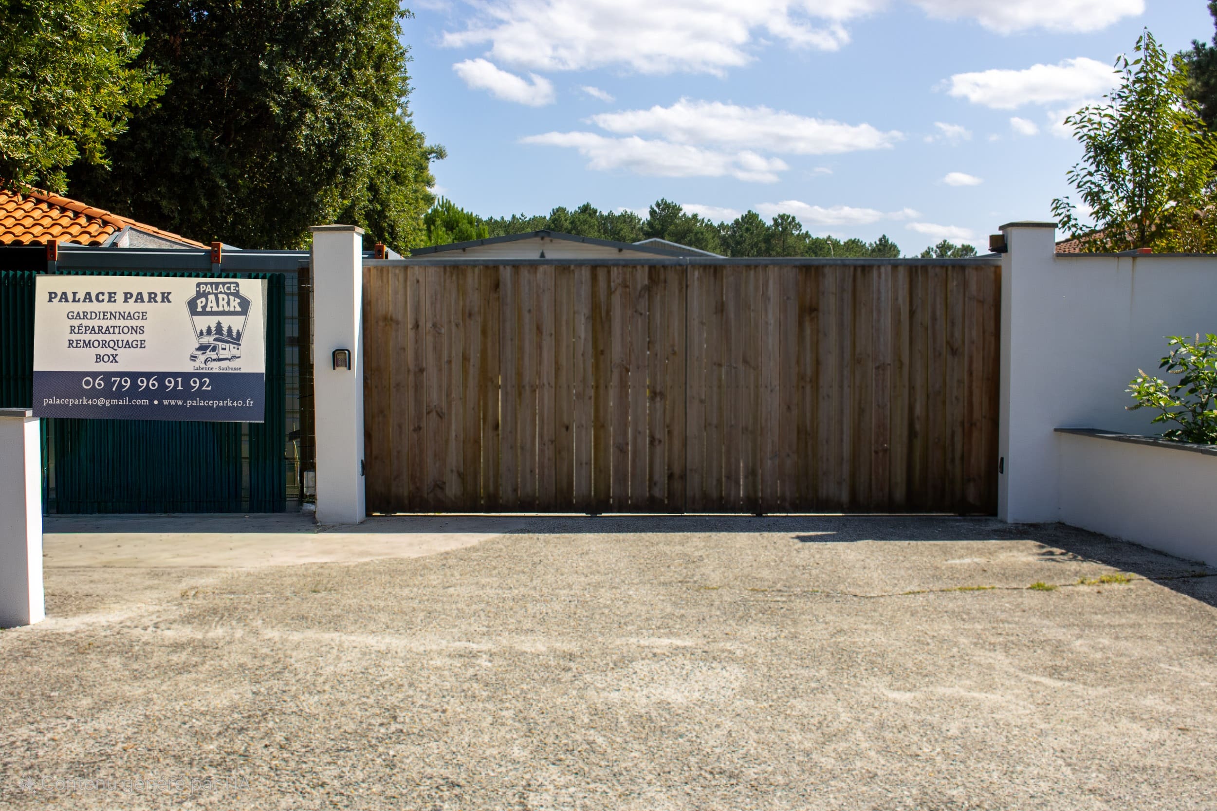 Entrée sécurisée Palace Park, Labenne-Saubusse. Portails bois et vert avec panneau services: Gardiennage, Réparations, Remorquage, Box. Contact: 06 79 96 91 92.